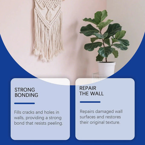 Two text boxes about Fast No Mess Drywall Repair Kit For Holes And Cracks, Easy Putty Mending Paste For Walls, next to plant and decor.