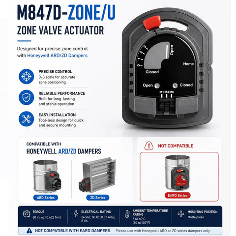 Zone Valve Actuator Replacement Motor For ARD And ZD Dampers, 24V Spring Return, Plug And Play With Adjustable Min And Max Stops, Compatible With Honeywell M847D1004 Damper Operator, Not For EARD Vents, black HVAC actuator