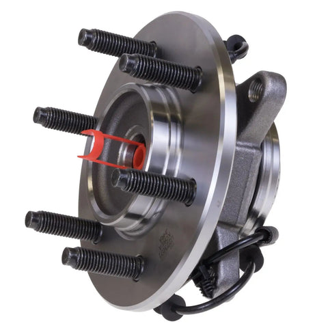 Heavy Duty Front Wheel Bearing And Hub Assembly Rugged Build For Smooth Handling Straight Plug Play Installation For 2004 To 2006 Ford F150 Lobo Mark Lt Four Wheel Drive close-up view with detailed bolts and sensor.