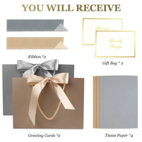 Two Large Gift Bags Set With Two Color Ribbons Two Greeting Cards And Four Sheets Tissue Paper For Birthdays Weddings Baby Showers And Christmas Portable Gift Bags For Easy Gifting At Parties in silver and champagne with tissues and cards