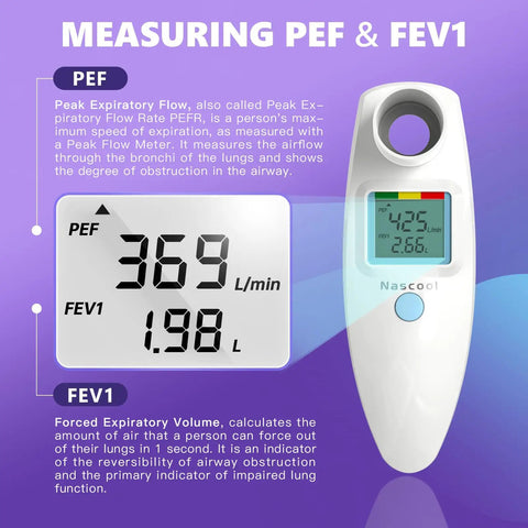 Image of Peak Flow Meter for Home Use With Tracking Software displaying PEF 369 L/min and FEV1 1.98 L readings on LCD screen.