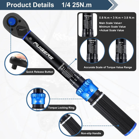 One Quarter Inch Torque Wrench For Bikes And More Dual Direction Precision Tool With 72 Tooth Drive 3 To 25 Newton Meters 22.6 To 221.3 Inch Pounds Ideal For Bike Motorcycle And Car Repairs. Black 1/4-inch torque wrench with quick-release button, locking ring, and non-slip handle