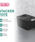 Six-Pack 19 Gallon Stackable Totes For Home Organization, Rugged Black Plastic Storage Bin With Recessed Lid And Latches