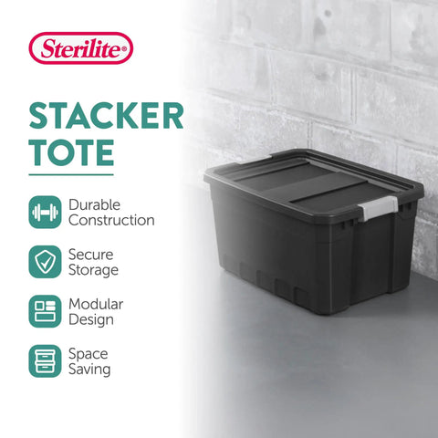 Six-Pack 19 Gallon Stackable Totes For Home Organization, Rugged Black Plastic Storage Bin With Recessed Lid And Latches