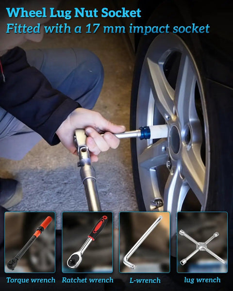 Wheel Lock Removal Kit For BMW 21 Piece Wheel Lock Key Set being used to remove BMW wheel lug nut with 17 mm impact socket