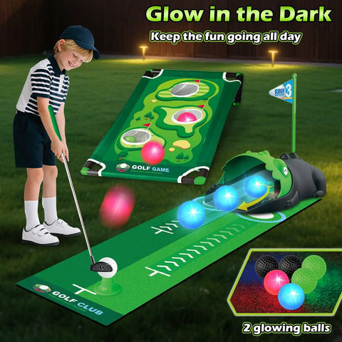 Child playing with 3 In 1 Kids Golf Set With Dinosaur Automatic Returner, Indoor Outdoor Golf Cornhole Board, LED Light Up Balls, Putting Mat