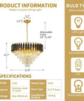 Product information for gold modern crystal ceiling light, with specifications on wattage, bulb type, and adjustable chain height.