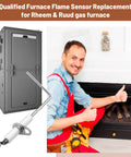Flame sensor for Rheem/Ruud furnace; metal sensor rod with white insulator beside a furnace unit.
