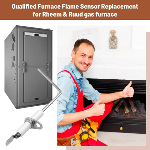 Flame sensor for Rheem/Ruud furnace; metal sensor rod with white insulator beside a furnace unit.