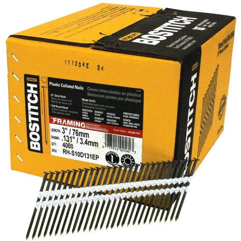4000-Count Pack 3 Inch By.131 Smooth Shank 21 Degree Plastic Collated Framing Nails Diamond Point For Fast Clean Wood Framing Drives
