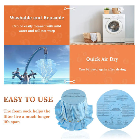 Reusable Wet Dry Vac Filter Set VF2002 90107 Dry Disc Vacuum Filters full view with washing instructions and setup guide.