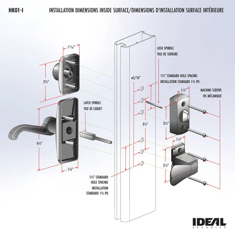 Dimensional diagram of Storm Door Lever With Keyed Deadbolt Lock In Matte Black 4 Piece Replacement Set For Storm and Screen Doors.