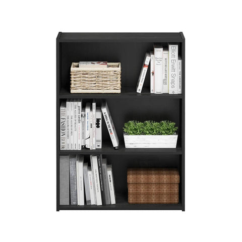 3-Tier Wide Book Shelf For Living Room, Bedroom, And Home Office, black open design, 9.7 x 23.7 x 31.5 inches, with books and decor