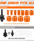 Bi-Metal Hole Saw Kit With One Arbor Fits All showing 11 orange hole saws and universal mandrel