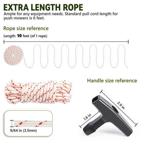 Diagram showing 3 Pack 10 Ft Pull Cord Rope With Handle 9/64 Inch 3.5mm Premium Starter Rope dimensions and handle size for engines.