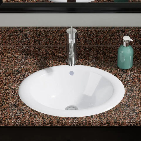 Porcelain White Bathroom Sink Overmount Oval Basin With Overflow Vitreous China Finish on granite countertop in powder room.