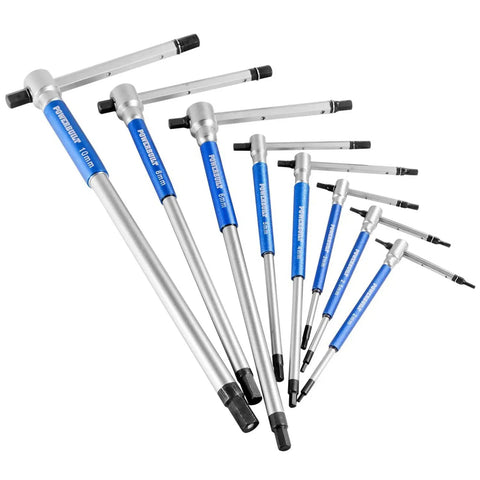 8 Piece Metric T Handle Hex Key Wrench Set With Speed Sleeves For Fast Spin Action, Sliding Top Handle For T Or L Shape, Long Shafts, Handy Storage Rack