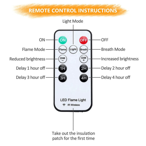 Remote control for Rechargeable LED Flame Effect Light With Four Modes For Outdoor Hanging Camping Lantern with timer instructions.