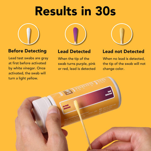 Lead Test Kit With Vinegar For Home Surfaces, 30 Rapid Swabs, 30 Second Results, screen showing swab color changes