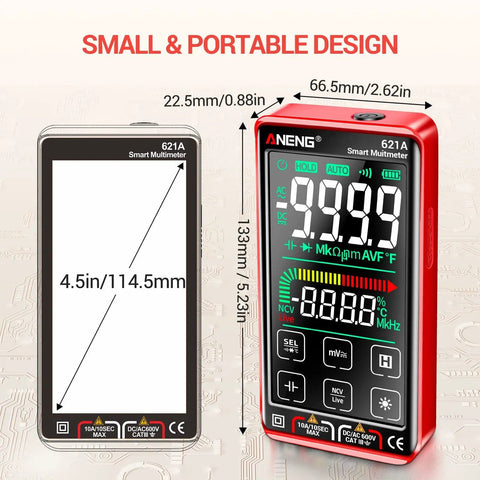 Front and side view of Digital Multimeter Tester With Smart Touch TRMS Auto Ranging 9999 Counts, with dimensions listed.