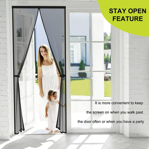 Woman and child walking through Magnetic Screen Door 36x82 Fits 38x83, Hands Free Bug Barrier For Pets in bright room