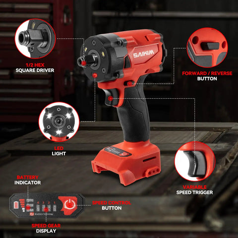 Beast Mode Cordless Impact Wrench 1/2 Inch Brushless Motor with speed control, LED light, and forward/reverse button features.