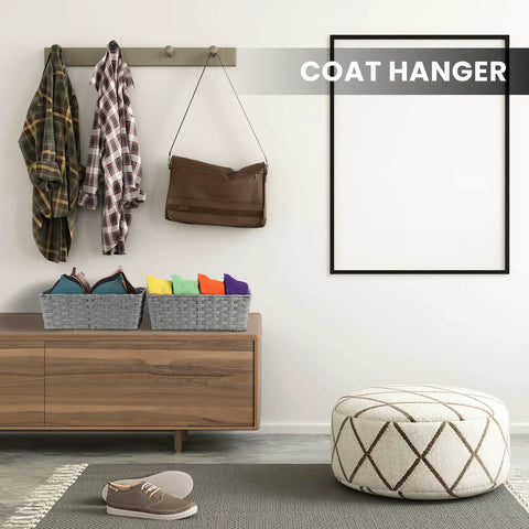 Large Woven Storage Baskets With Metal Frame Set Of 2 on wooden cabinet under coat hanger, grey, 15 by 10.3 by 5.2 inches.