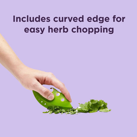 Zero Stress Leaf Stripper For Fresh Kale And Collard Greens With Super Sharp Curved Cutting Edge Quick Herb Chopper Kitchen Gadget in use with chopped herbs.