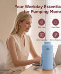 Mama Approved Portable Breast Milk Cooler With Two Bpa Free Feeding Bottles Keeps Little Ones Chilled On The Go No Sweat Travel Kit For Modern Working Parents with a woman at a desk.