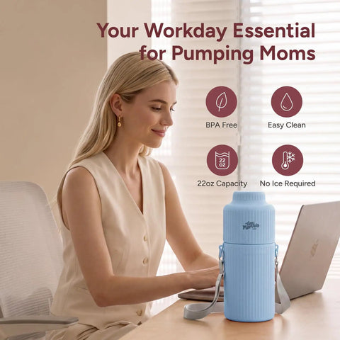 Mama Approved Portable Breast Milk Cooler With Two Bpa Free Feeding Bottles Keeps Little Ones Chilled On The Go No Sweat Travel Kit For Modern Working Parents with a woman at a desk.
