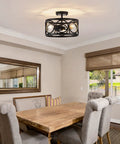 Three Light Semi Flush Mount Ceiling Fixture In Black Metal Farmhouse Chandelier in dining room setting
