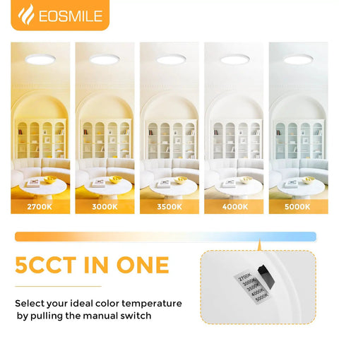 Shows color options for 12 Inch LED Flush Mount Ceiling Light 25W 3000 Lumens Dope Bright Dimmable With Five Color Temperature Options From 2700K To 5000K CRI 95 Plus Flat White Surface Mount For Bedroom Hallway Dining Room And Garage.
