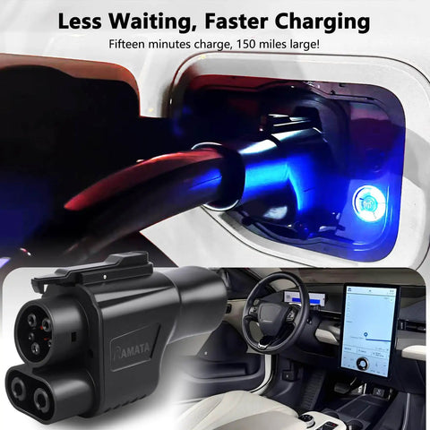 Top Tier Nacs To Ccs Adapter Dc Fast Charging No Sweat Ev Converter showing charging plug in vehicle with lit indicator.