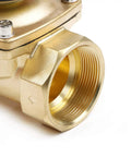 Close-up of a Two Inch Brass Electric Solenoid Valve 12VDC, Normally Closed For Non Potable Water And Fuel Lines, thread detail