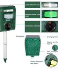 Solar Ultrasonic Animal Repellent With Motion Sensor Waterproof IP65 Outdoor Pest Deterrent, green stake-mounted device