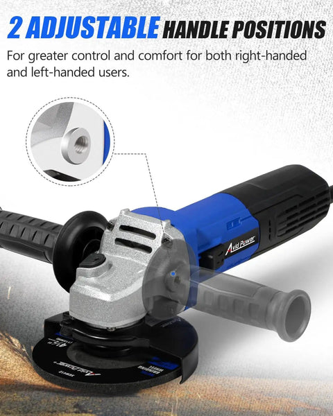 Rugged 7.5 Amp Angle Grinder With 4 1/2 Inch Wheel, 12,000 RPM, two adjustable handles, blue, includes auxiliary handle, close-up