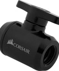 Corsair XF Ball Valve For Hydro X Series Custom Water Cooling System with brass construction and G1/4 BSPP threads, polished black finish.