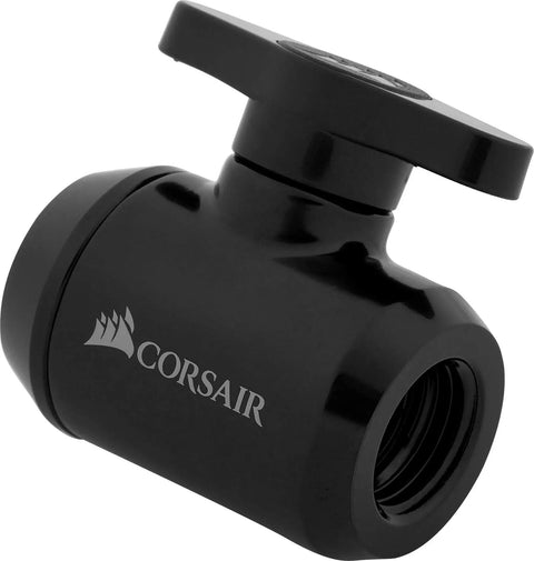 Corsair XF Ball Valve For Hydro X Series Custom Water Cooling System with brass construction and G1/4 BSPP threads, polished black finish.