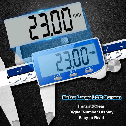 Ultra Accurate 0-6 Inch Digital Caliper With Extra Large LCD Screen showing 23.00 mm measurement.