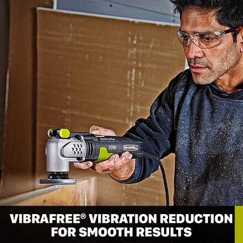 Person using F50 Sonicrafter Oscillating Multi Tool With 4.0 Amp Motor, Variable Speed, Hyperlock Tool Free Blade Change on wood