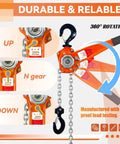 Lever chain hoist, orange, side view with steel chain and hook, 1-1/2 ton capacity, 10 ft manual hoist