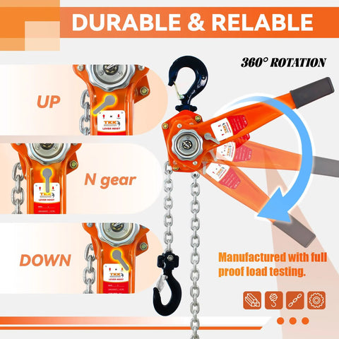 Lever chain hoist, orange, side view with steel chain and hook, 1-1/2 ton capacity, 10 ft manual hoist