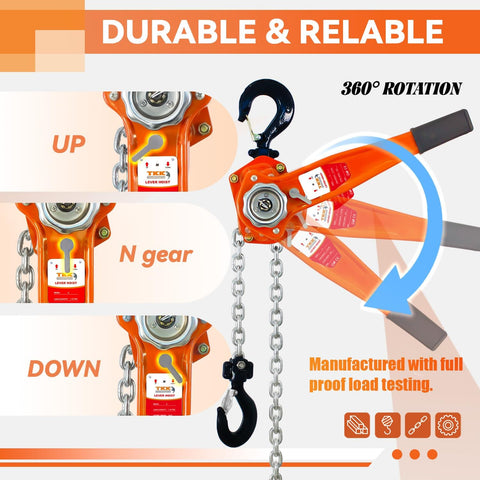 Heavy Duty 3300 Lbs Lever Chain Hoist With 20 Ft Manual Ratchet Chain Puller And Two Hooks, highlighting 360-degree rotation feature.