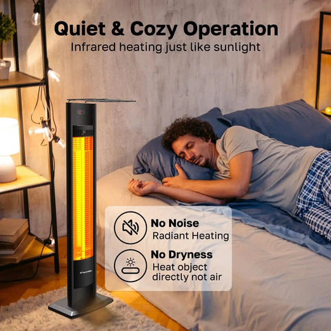 1500W Infrared Patio Tower Heater With Remote, Timer, Tip Over Auto Shutoff, IP55 Outdoor Indoor Rated beside bed indoors