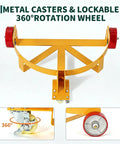 Heavy Duty Steel Drum Dolly Cart For 55 Gallon Oil Barrels With Cushioned Handle showing metal casters and 360° rotation wheel design.