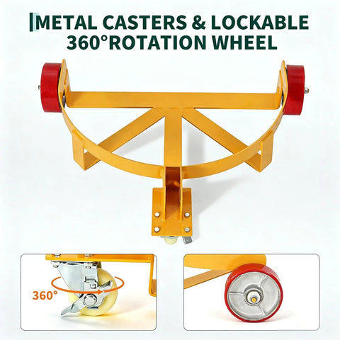 Heavy Duty Steel Drum Dolly Cart For 55 Gallon Oil Barrels With Cushioned Handle showing metal casters and 360° rotation wheel design.