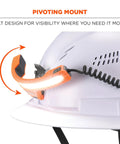 Skullerz 8886 Wide Beam Headlamp With Hard Hat Mount on white helmet, showcasing pivoting mount design for hands-free lighting.