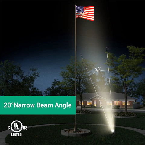 22W Dusk To Dawn Outdoor Spotlight With Photocell Sensor, illuminating flagpole with 20° narrow beam at night