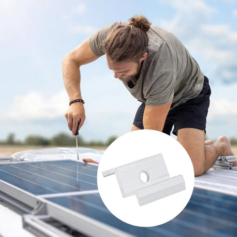 A person installing Heavy Top No Hassle Rustproof Aluminum Solar Panel Mount Brackets And Mid Clamps on solar panels.