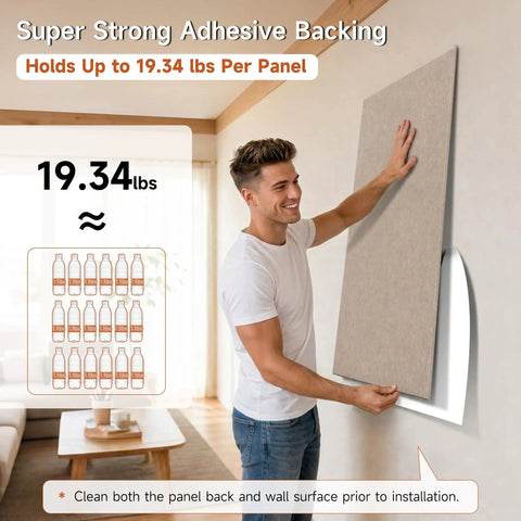 Man installing oversized self adhesive acoustic wall panel made from dense polyester fiber for quiet room treatment.